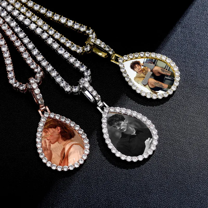 Пользовательские Фото памяти медальоны Твердого ожерелье Water Drop Shape теннис цепь Hip Hop Ювелирный Персонализированная кубический циркон цепь подарок