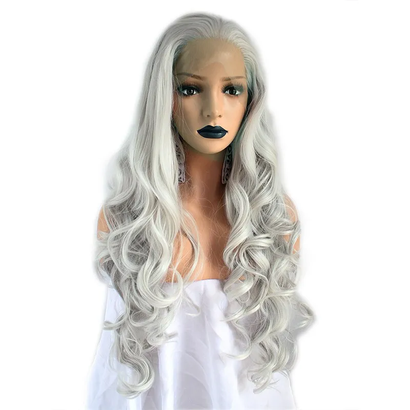 Fibra de alta Temperatura Cabelo Cinza Perucas Cosplay Longo Onda Do Corpo Natural Cinza de Prata Branco Peruca Dianteira Do Laço Sintético para As Mulheres Africano