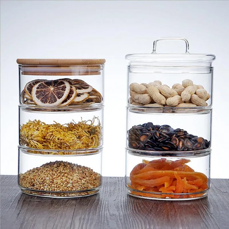 Três Pisos de armazenamento de vidro Garrafa Jar com garrafa de tampa minimalista armazenamento Nut tempero Recipiente para o Kitchen Organizador Início