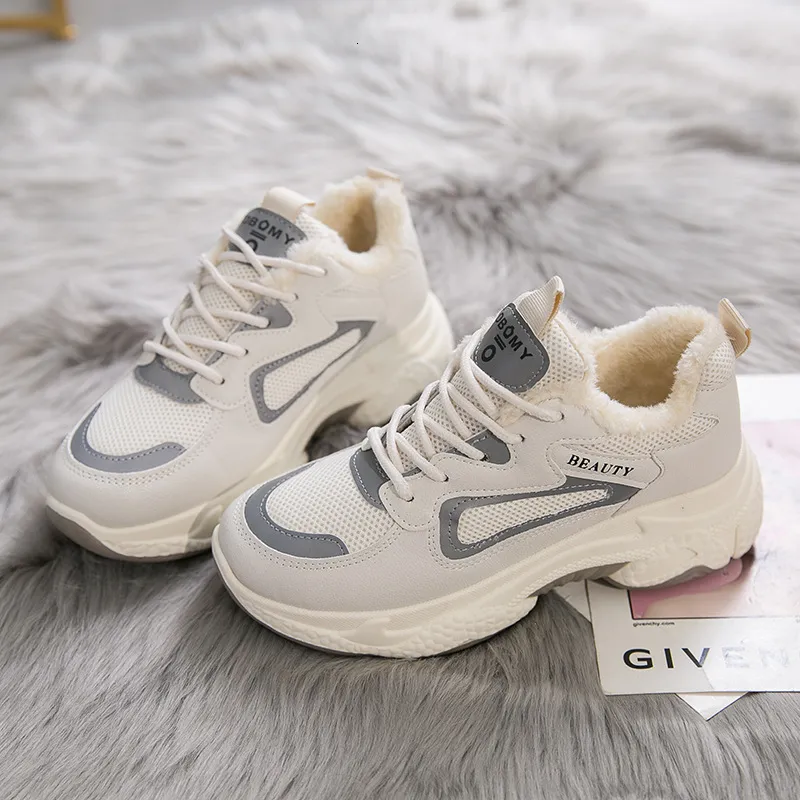 Winter Sneakers Dames Chunky Gevulcaniseerde Schoenen Houd Warme Dames Casual Platform Dikke Lederen Lederen Zwaarbodem Pluche Student
