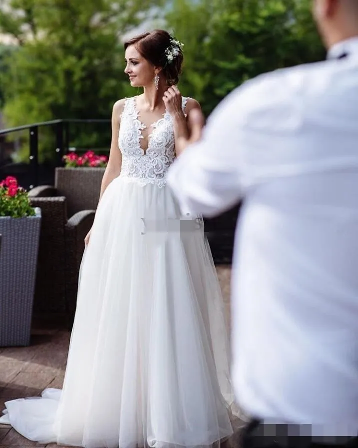 Plunging Neckline Wedding Gowns: Sheer Neck Applique Lace A Line Tulle Wedding Dress From Missdressprom, $113.79 | DHgate.Com Plunging Neckline Wedding Gowns: Sheer Neck Applique Lace A Line Tulle Wedding Dress From Missdressprom, $113.79 | DHgate.Com