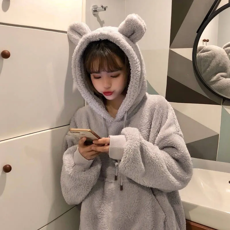 Kawaii Bear Ear Fluffy Hoodie Womens Winter Pullover With Loose