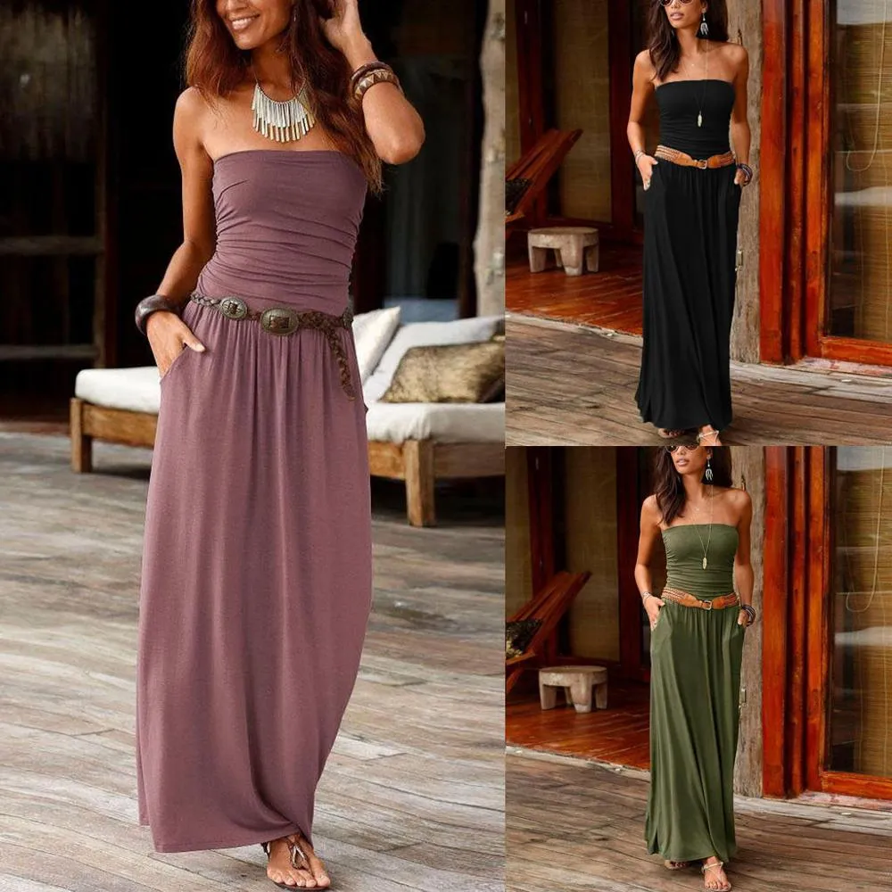 Kadın Bandeau Straplez Elbise Vestido Uzun Elbise Kapalı Omuz Yaz Plaj Bayanlar Maxi Elbiseler Robe Longue Femme