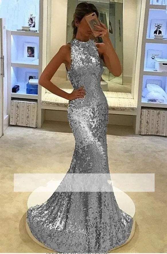 Cheap Sequined Gold Silver Mermaid Prom Dresses Jewel Neck Backless Pleats Sexy Formal Dress Party Evening Gowns vestidos de fiesta