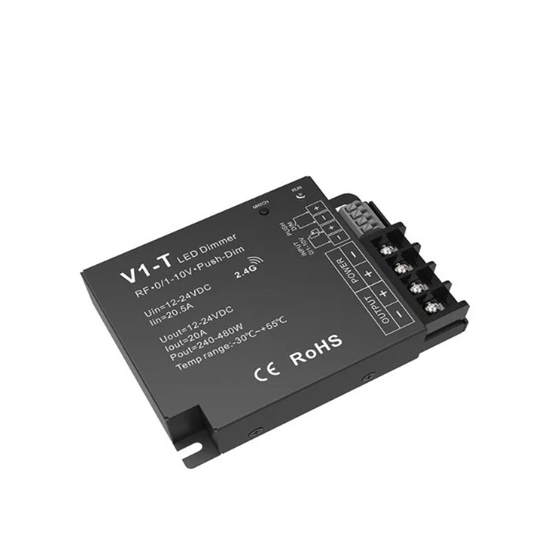 V1-T 20A*1CH 12V-24VDC CV RF/1-10V/PUSH-DIM 3in1 Dimning Controller Dimmer Auto-Transmitting/Synchronize för enkelfärgsband