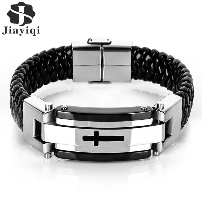 Jiayiqi Punk Cross Stainless Steel Braided Cuff Leather Bracelets Men Woven Bangle For Men Jewelry Christmas Gift 2016 C19041703