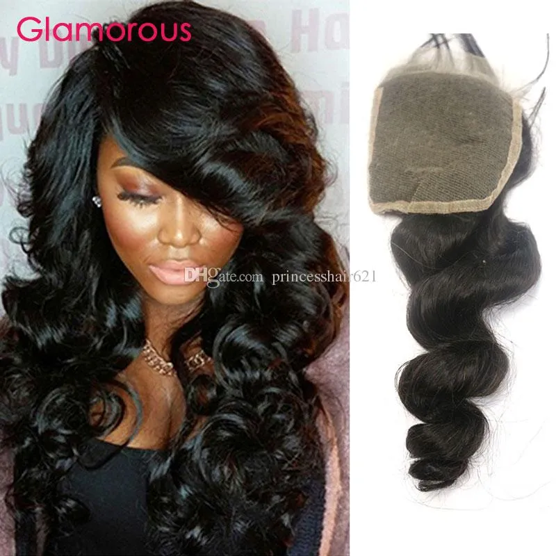 Glamorös brasiliansk Virgin Human Hair Lace Stängning Naturlig Svart Lös Våg 4x4 Spets Avslutning Peruansk Indisk Malaysisk Hår Top Lace Closure