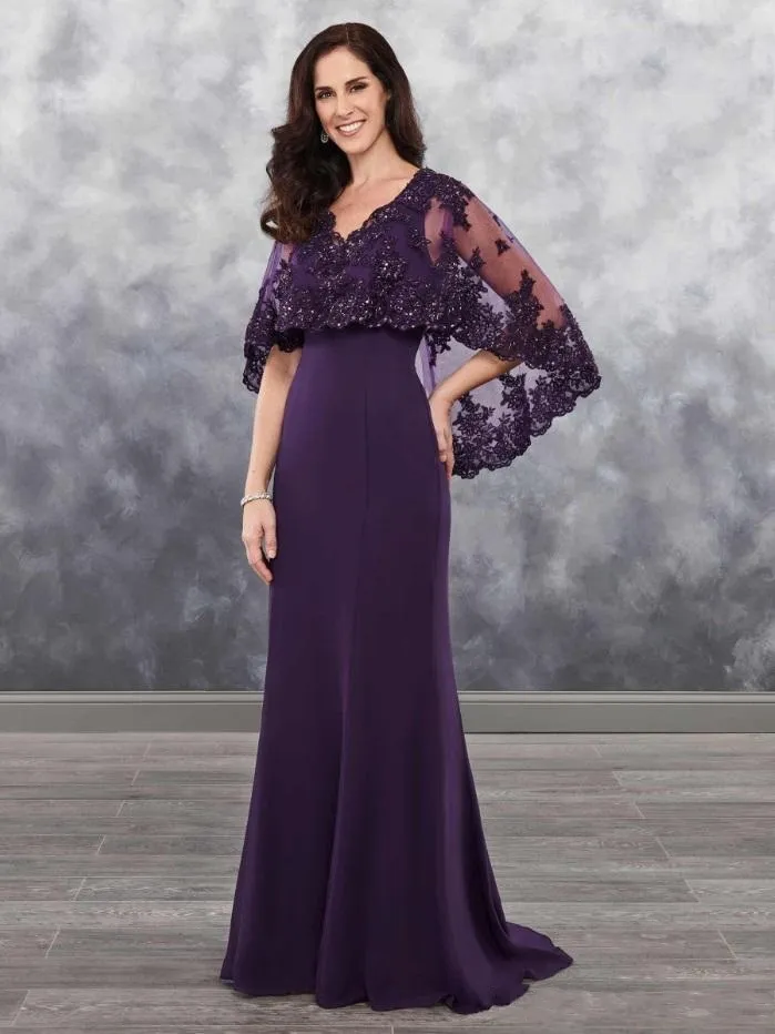 Elegante donkerpaarse moeder van de bruidjurken van chiffon met bolero-appliqué glanzende pailletten kanten chiffon jurk voor bruiloftsgasten