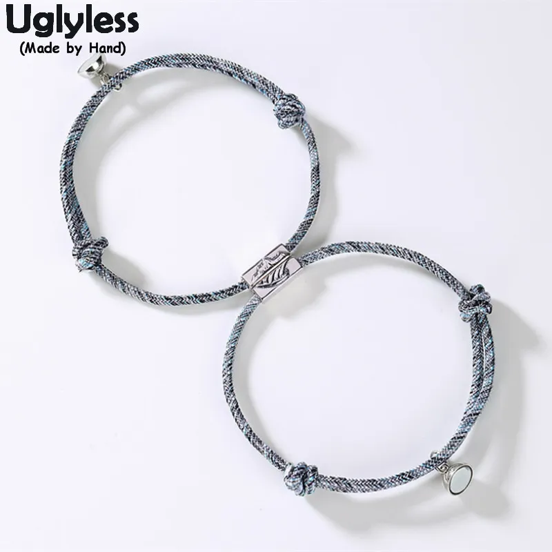 Uglyless 1pair amantes Infinito pulseiras cabo ajustável pulseira cadeia por Casais 925 Silver Mountain Ondas Bead Magnet Jóias CX200702