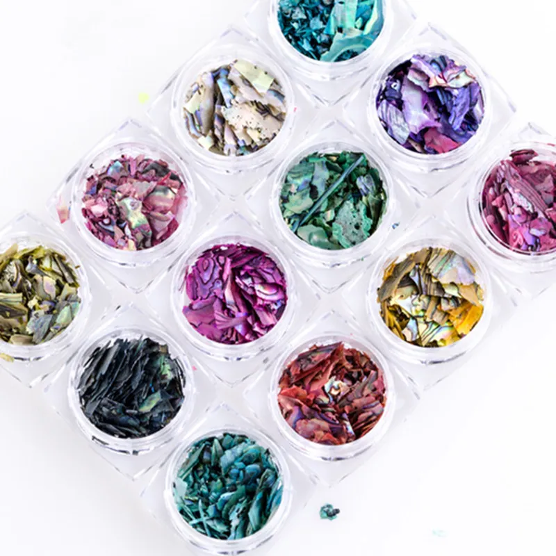 12 Farben-Nagel-Kunst-Dekoration Unregelmäßige Shell Papier Flake Scheibe Pailletten Fragment 12 Box Schöne Import Abalone Shell Piece 3D