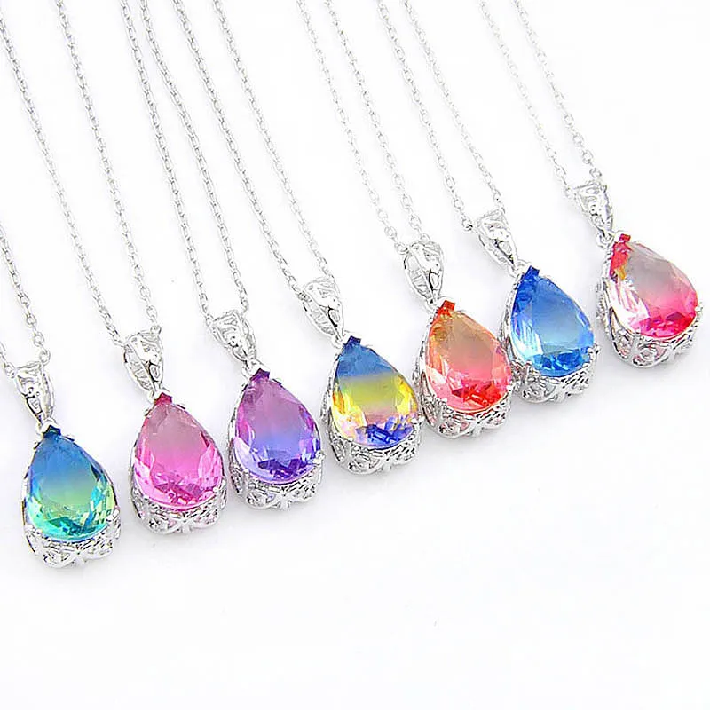 Engagement Gift 925 Sterling Silver Necklace Water Drop Bi-Colored Tourmaline Women Fashion Pendant Necklace Australia US Holiday Party