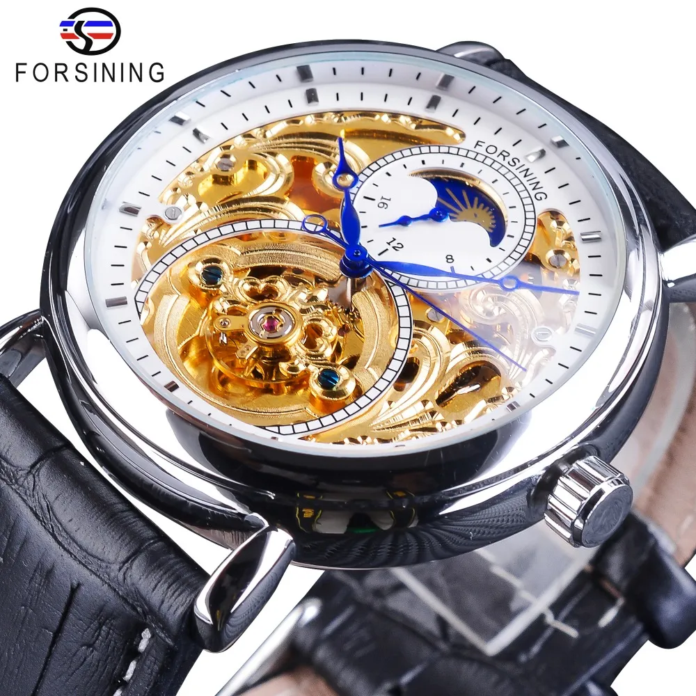 Forsining 2018 белый золотой открытый рабочие часы мода синие руки мужские автоматические часы верхний бренд роскошь черная натуральная кожа