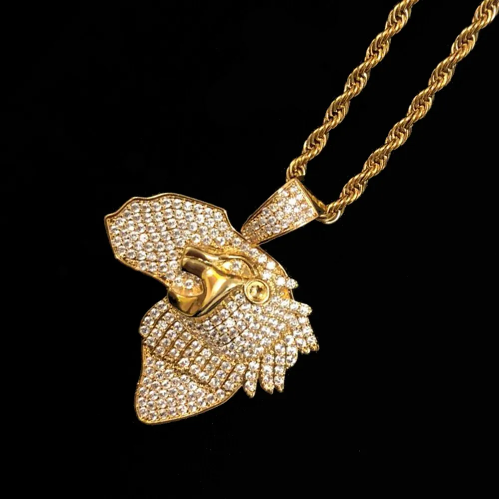 Neue Hip Hop Schmuck Nordamerika Anhänger Halskette Gold Farbe Bling Kubikzircon Männer North American Lions Halskette mit Seil kette als Geschenk