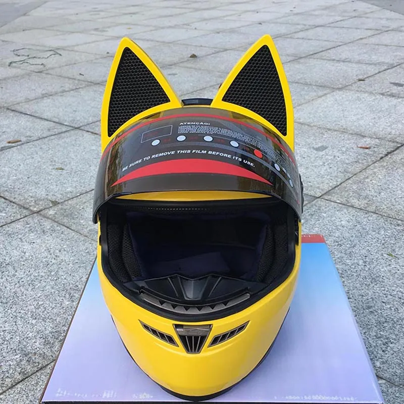 NITRINOS フルフェイス オートバイ ヘルメット 猫耳付き イエロー