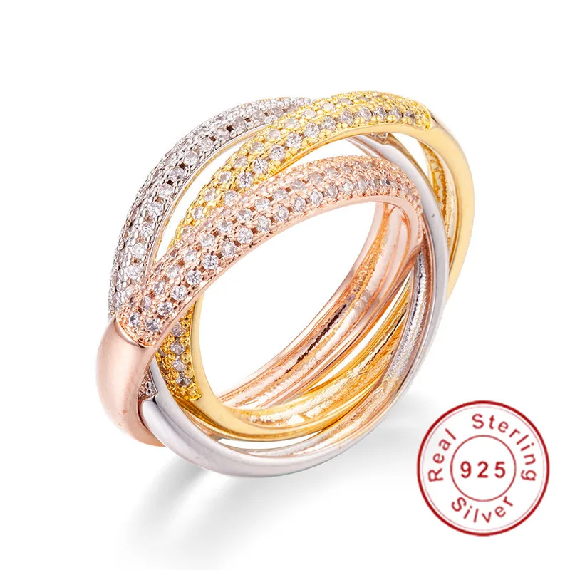 Dreifache Kreise Gold/Rose Gold/Silber Ring drei Farben Luxus Schmuck 925 Silber Pave 5a CZ Ring Frauen Hochzeit Fingerringe Geschenk