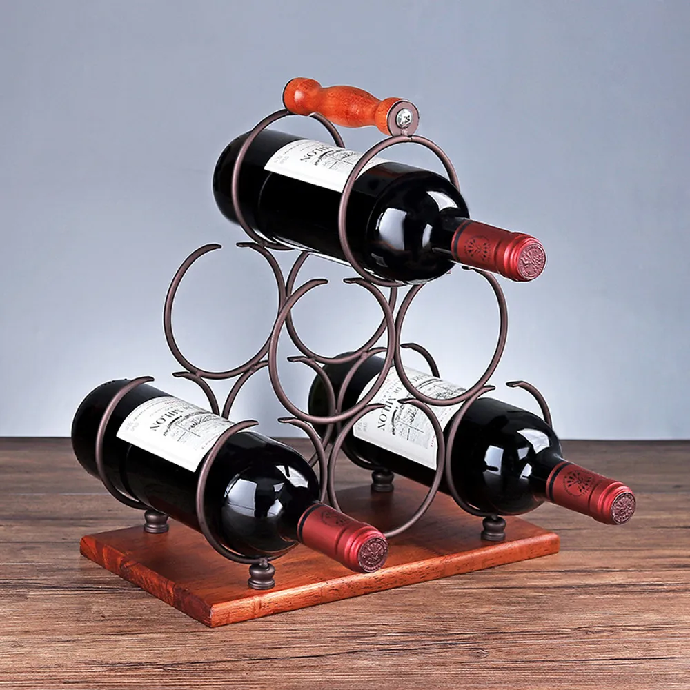 6 Bouteilles Rétro Portable Bois Métal En Fer Forgé Casier À Vin Comptoir Armoire Porche -Support De Stockage De Vin Titulaire Space Saver Pro2427