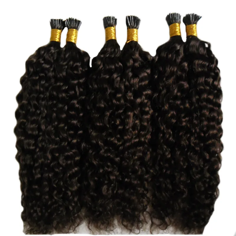 Grado 7a Cabello rizado rizado mongol virgen sin procesar Queratina italiana Fusion Stick I TIP Extensiones de cabello humano Cabello rizado rizado afro 100s