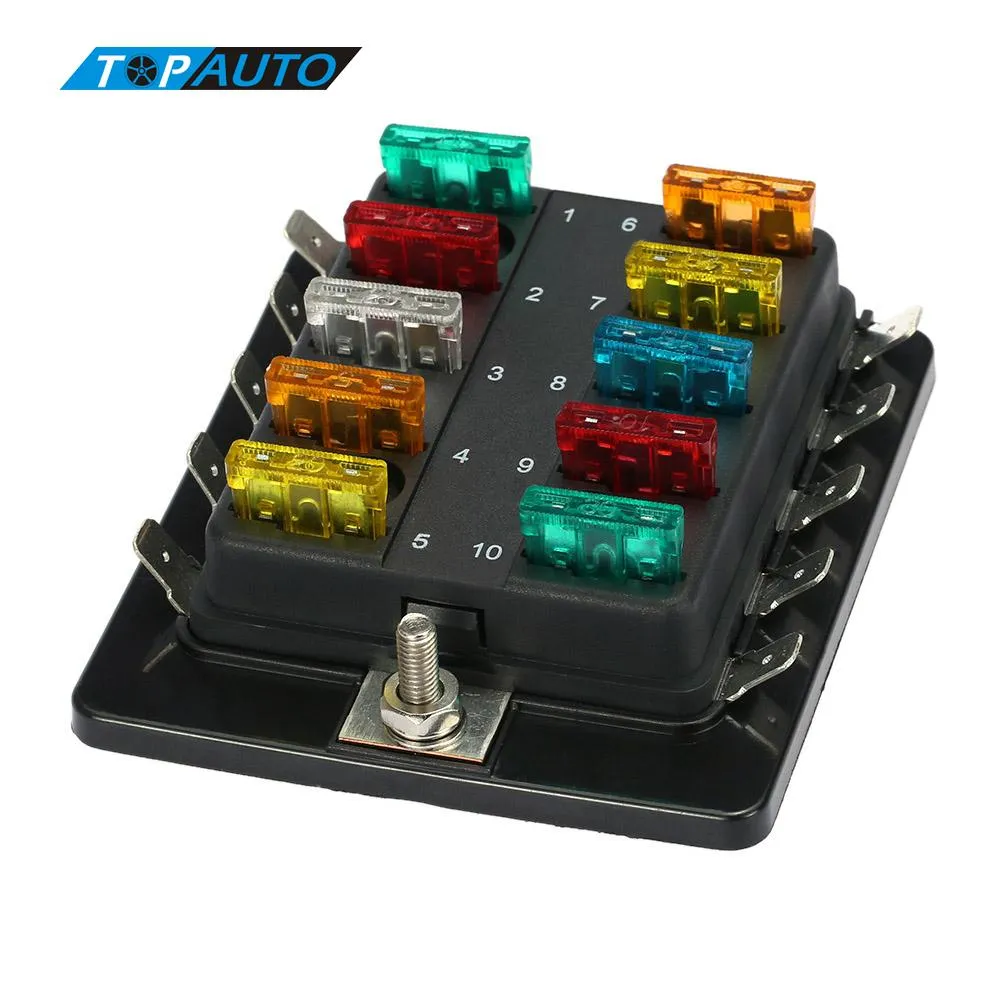 10-weg Blade Fuse Box Houder met Plastic Cover M5 Stud Standaard 6.3mm Spade-terminals voor Auto Boot Marine 12V 24 V Maximaal 32V