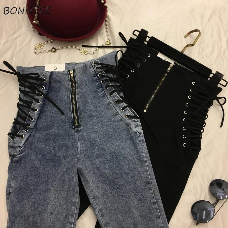 Jeans Women Lace-up Skinny All-match Zipper Simple Trendy Ankle-Length Trousers Womens Spring Autumn Slim Female High Quality V200402