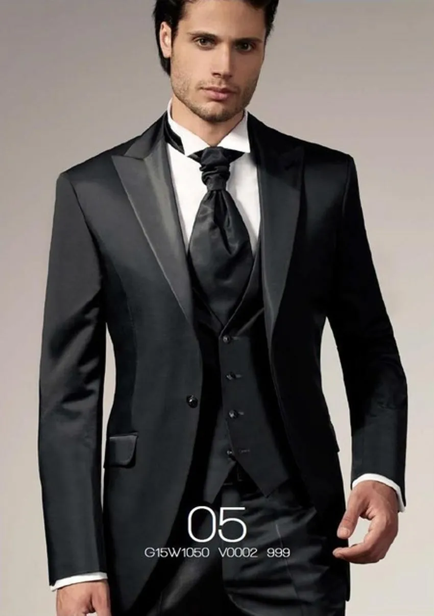 Classic Design Charcoal Grey Groom Tuxedos Peak Lapel One Button Groomsmen Mens Wedding Dress Excellent Man Suits(Jacket+Pants+Vest+Tie) 367