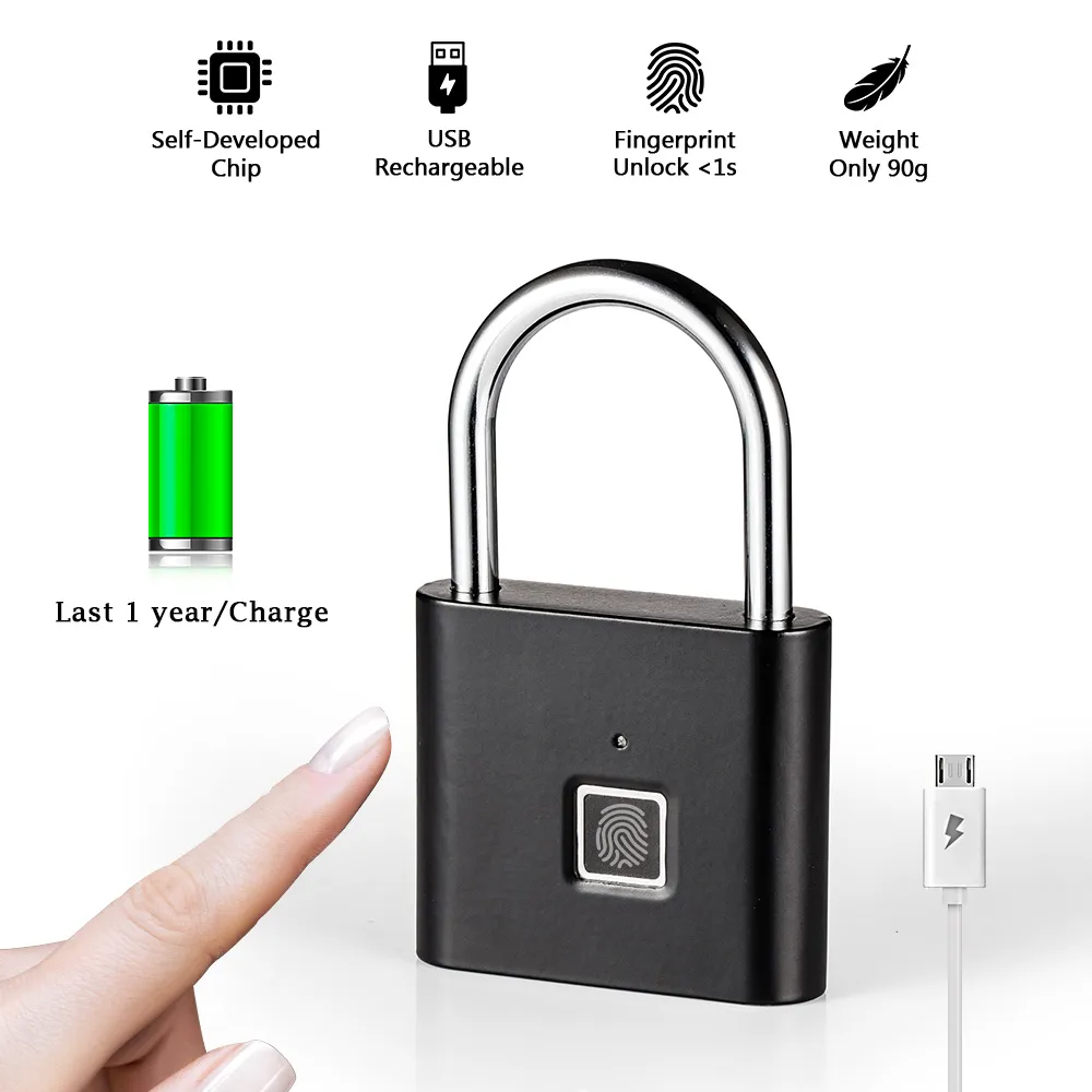 USB Rechargeable Keyless Door Lock Fingerprint Smart Padlock Quick Unlock Zinc Alloy Metal