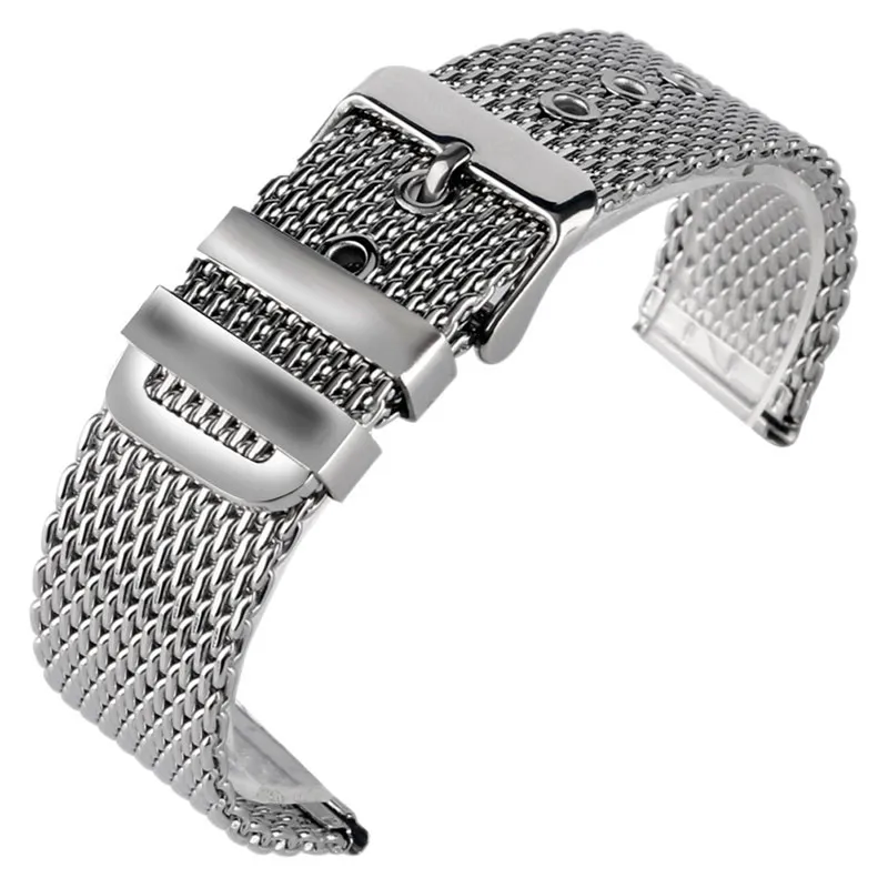 20mm 22mm 24mm Solid Mesh Stainless Steel Strap with Pin Buckle Classic Polished Silver Watch Band Strap Straight End