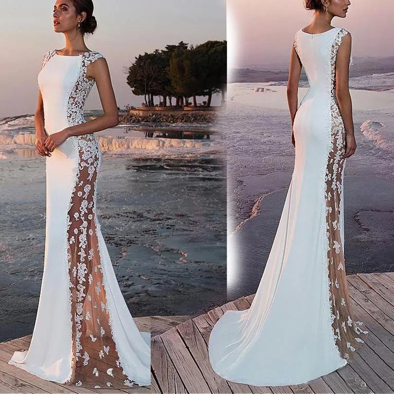 Sommarvit Bohemian Beach Mermaid Wedding Dresses 2023 Spets Satin Jewel Lapel Bridal Glows Sweep Train Long Mermaid Dress207T