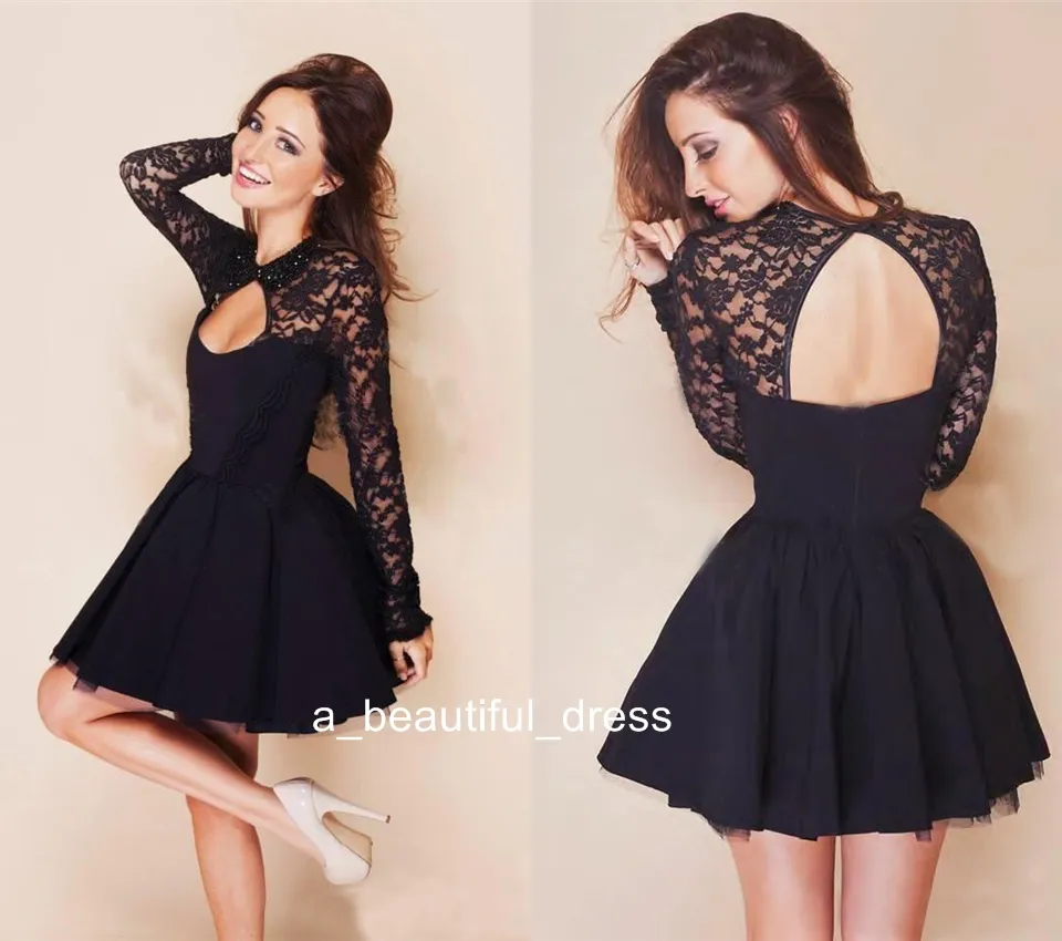 Cute Short Prom Dresses Cheap Black Lace Long Sleeve Backless Party Cocktail Dress Kids Graduation Homecoming Dress Gowns PD5583