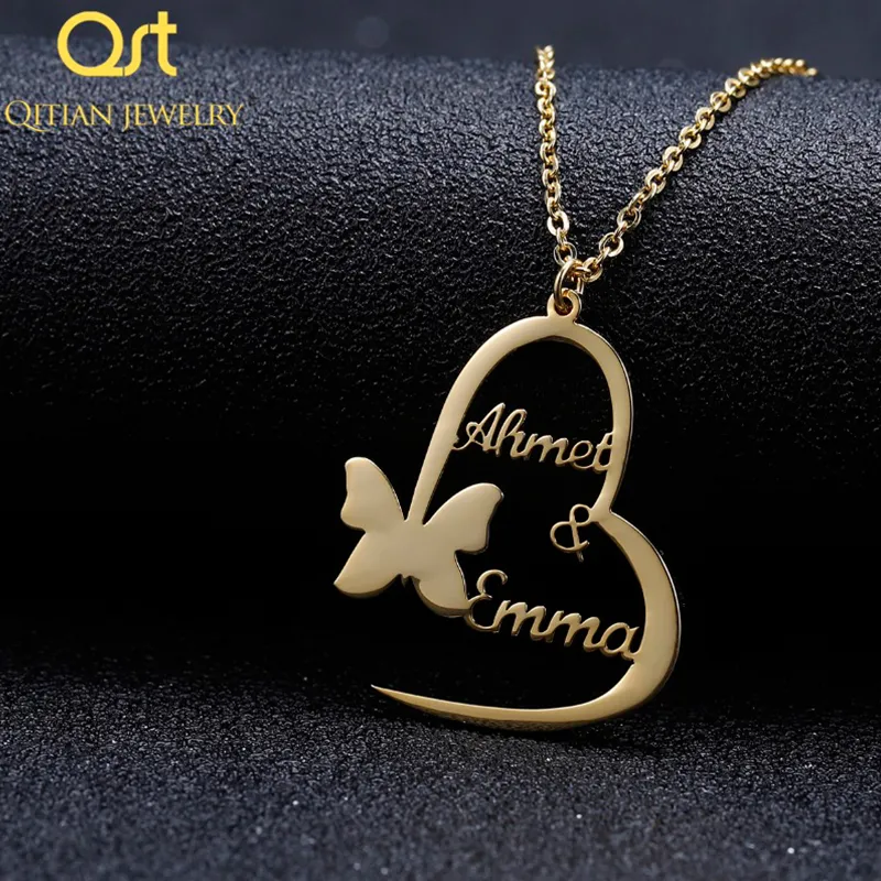 Ciondoli fatti a mano con cuore a forma di farfalla, collane con nome personalizzato, regalo personalizzato per gioielli con choker in argento dorato con cuori da donna