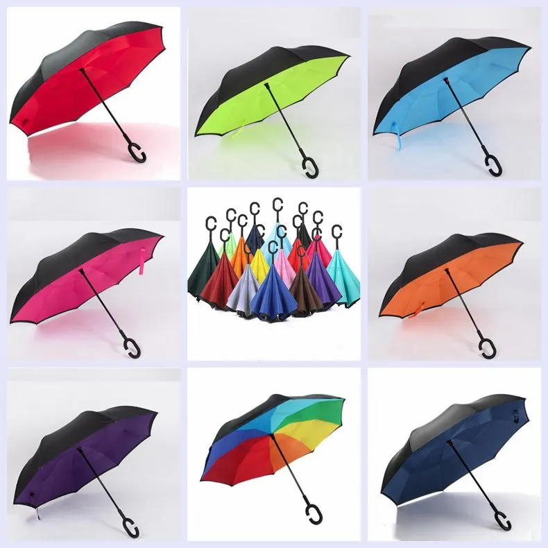 Omgekeerde paraplu c handvat omgekeerde paraplu's winddicht vouwen dubbele laag binnenkant zonnige regenachtige C-haak handsfree paraplu voor auto YP7335