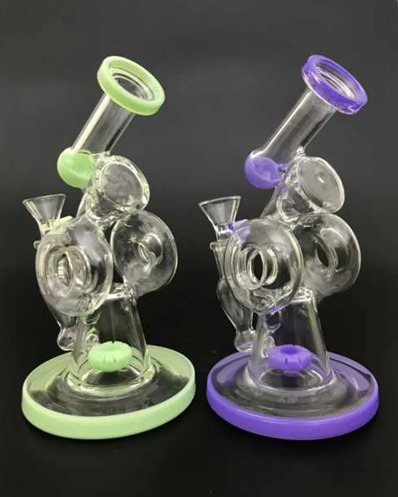 7.8 Inch Hookahs Double Recycler Bong Slitted Donut Perc Oil Rigs Joint Size 14.5mm Sidecar Water Pipes XL-320