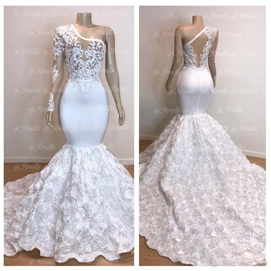 Nieuwe Prachtige Schouder White Mermaid Prom Dresses 2022 Lange Bloem Trein Kant Applique Avondjurken Pageant Partyjurken