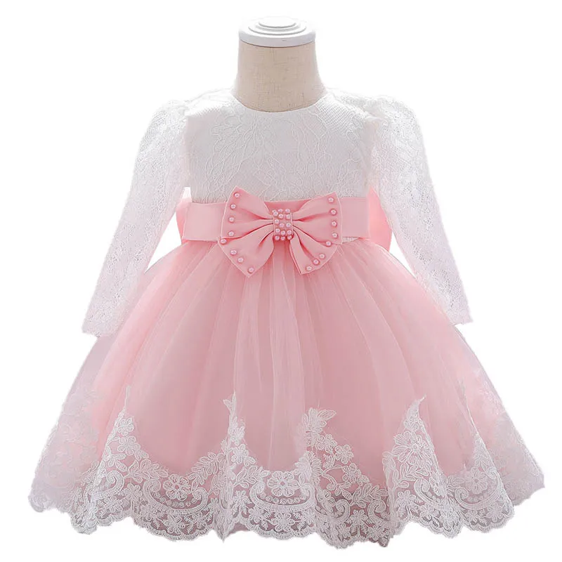 Ins Pizzo bambina vestito fiocchi manica lunga ragazze abiti bambina battesimo abito battesimo vestito bambina 1 ° compleanno abiti da festa B1532