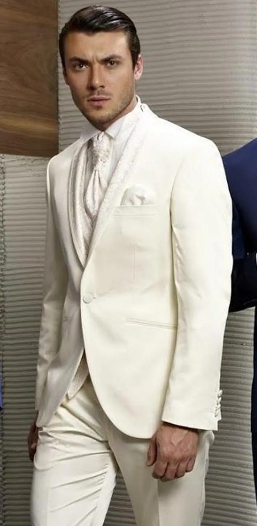 Mode elfenben brudgum tuxedos jacquard lapel groomsmen mens bröllopsklänning utmärkt man jacka blazer 3 stycke kostym (jacka + byxor + väst + slips) 940