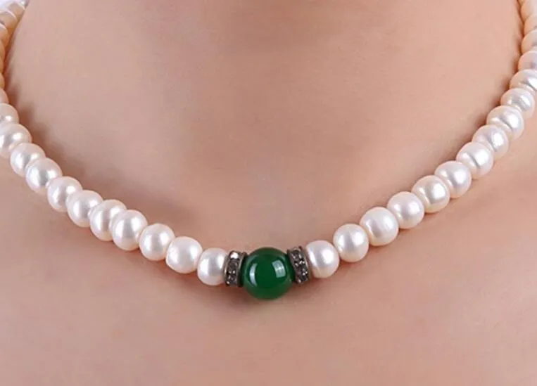 8 0-9 0 Pearl Necklace 100% Real Natural Freshwater Cultured Necklace With Natural Jade Necklace Choker224t