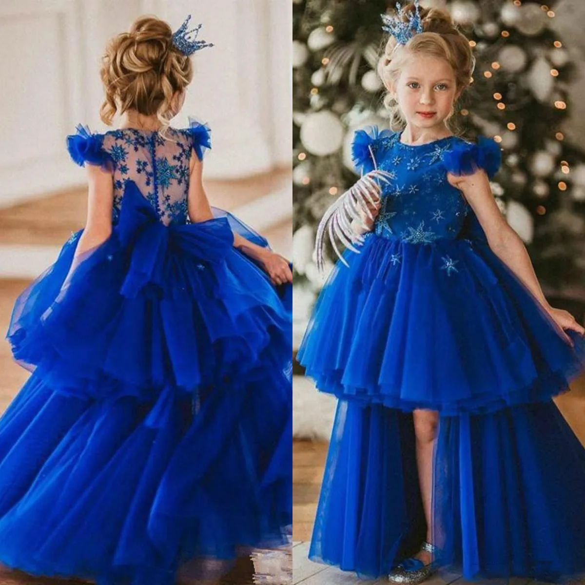 Królewski Niebieski Wysoki Niski Zroszony Kwiat Girl Sukienki na ślub Linia Wielopoziomowa Toddler Pageant Suknie Tulle Dzieci Communion Dress