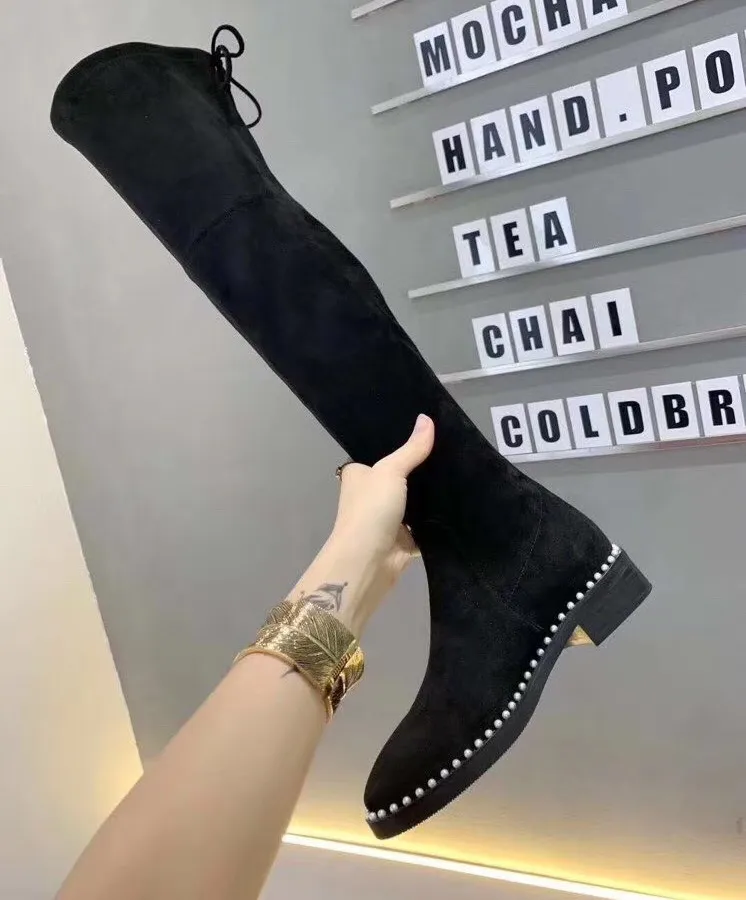 Sıcak Satış-Kadınlar Yüksek İpek Koyun postu Diz Yüksek Elbise Boots moda İnci Düşük Topuk Uyluk-Yüksek Boots Kış Peluş Siyah Kar Şövalye Çizme