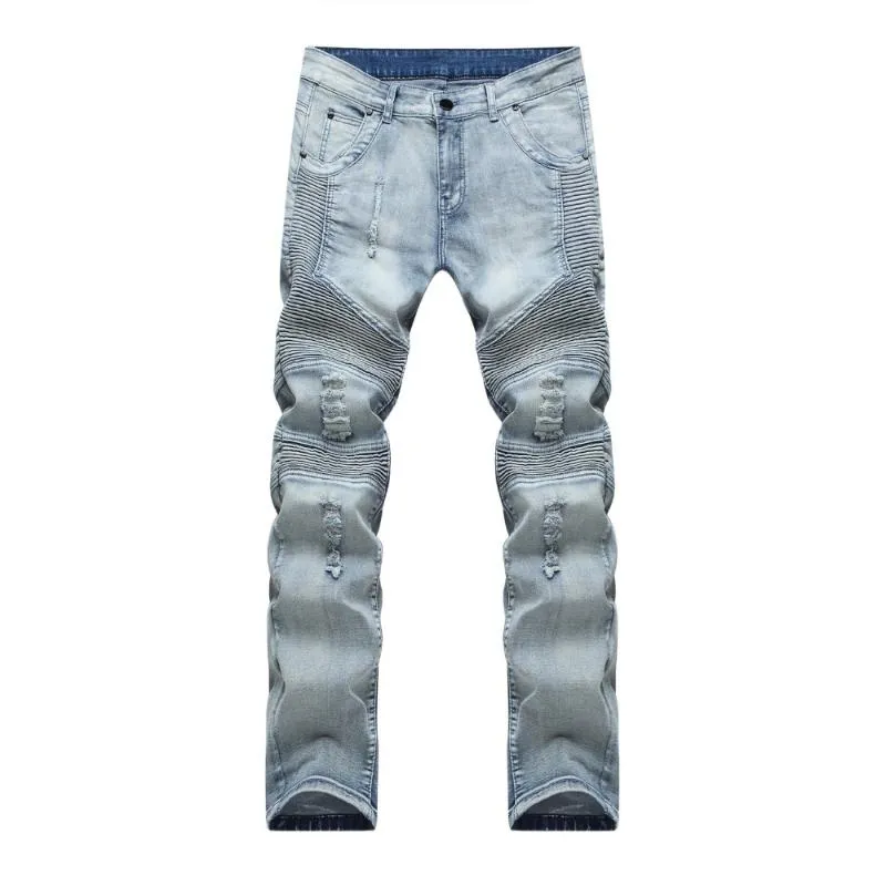 Jeans de motoqueiro masculino Destruído Denim Fabric elástico Slim Fit Washed calças magras de calças magras raspadas de homens rasgados