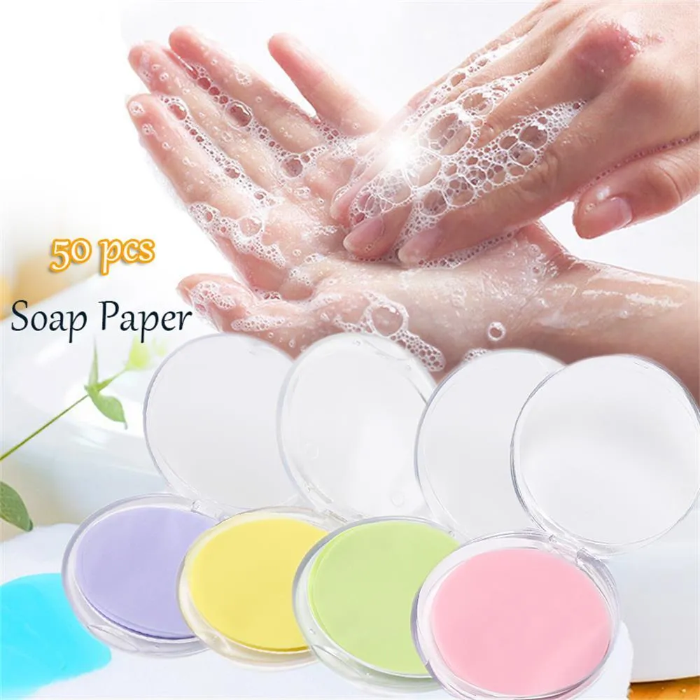 50 stks wegwerp boxed zeep papier reizen draagbare hand wasdoos geurende plakjes mini zeep papier buitenshuis schone gereedschappen