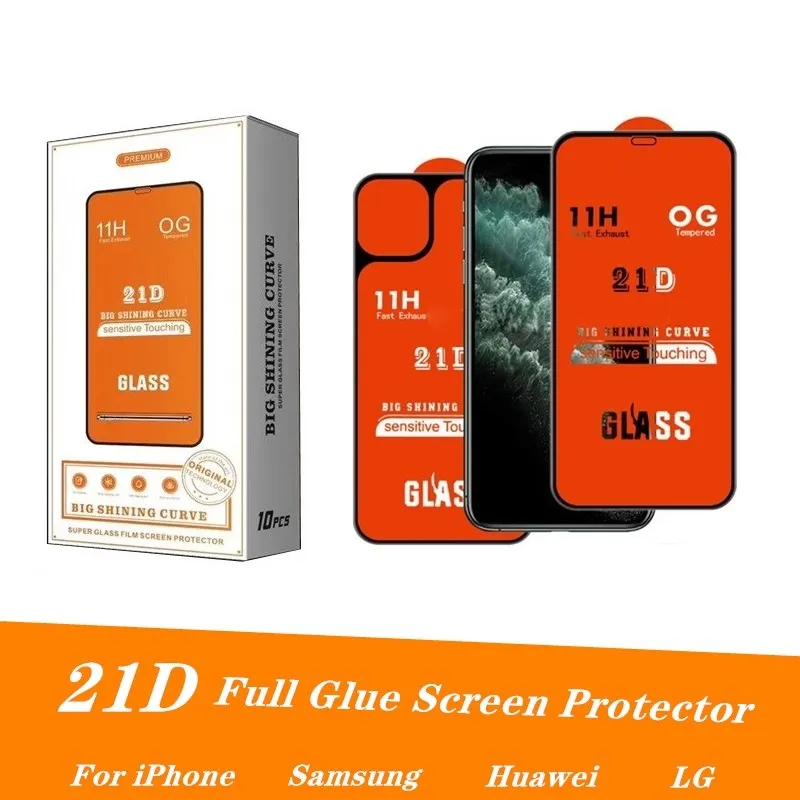 21D Full Cover Full Glue Vetro temperato per iPhone 11 Pro XS MAX 8 Plus Protezione per schermo per Samsung A10S A10E A20 A20E A50 A70 M30