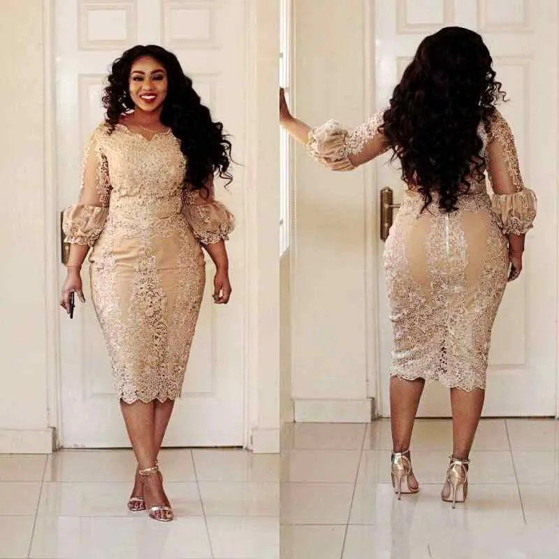 2024 Champagne Lace Mother Of The Bride Dress Vintage Poet Sleeves Tea Length Plus Size Wedding Guest Prom Cocktail Evening Gowns From Crystalbridal888 77.1 DHgate.Com