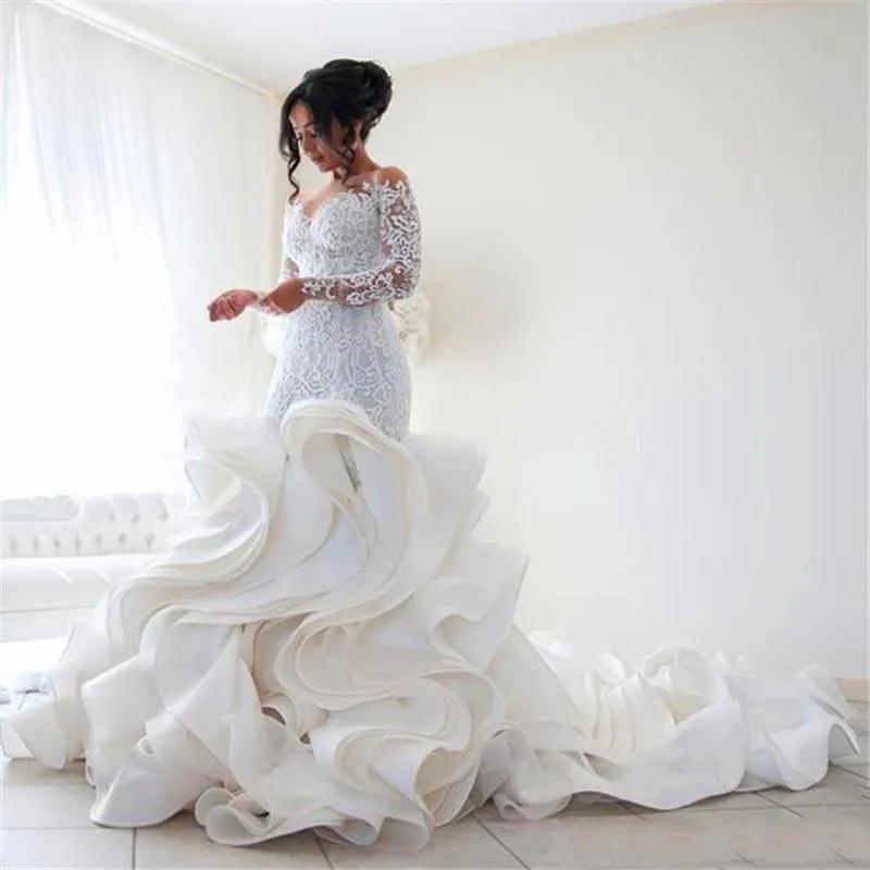 Plus Size Mermaid Wedding Dresses Lace Long Sleeve Muslim Vestido De Noiva Romantic Appliques Ruffles Wedding Gowns