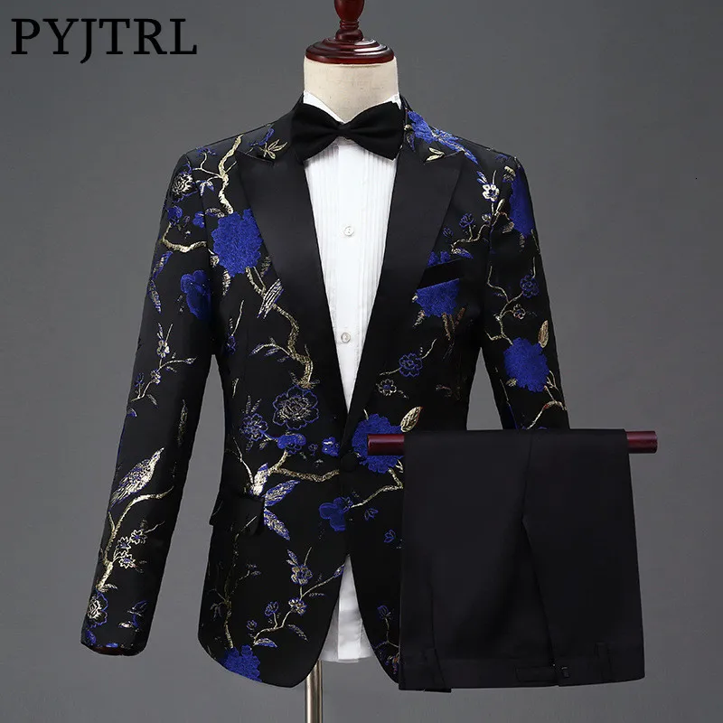 PYJTRL New Design Mens Stylish Embroidery Royal Blue Green Red Floral ...