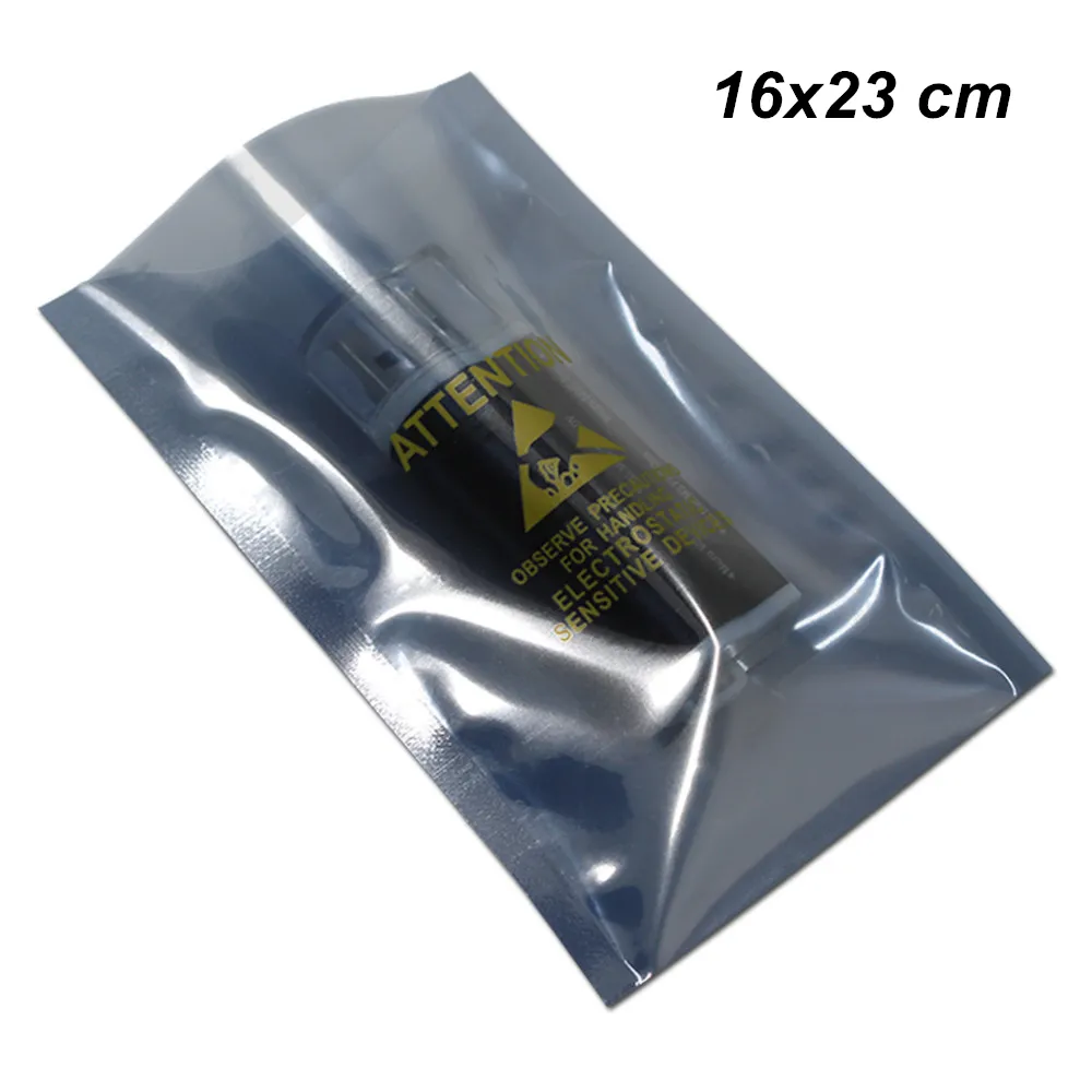 100 stks / partij 16x23cm ESD Anti Statisch Open Top Poly Heat Seal Bag voor Electronics Charger Gedrukt Aandacht Logo Vacuüm Plastic Warmtegels Pouch