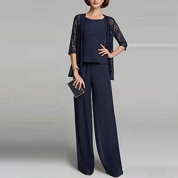 2019 New 3 Pieces Mother of The Bride Pant Suits with Lace Jacket Navy Blue Chiffon Elegant Evening Formal Dresses 2019