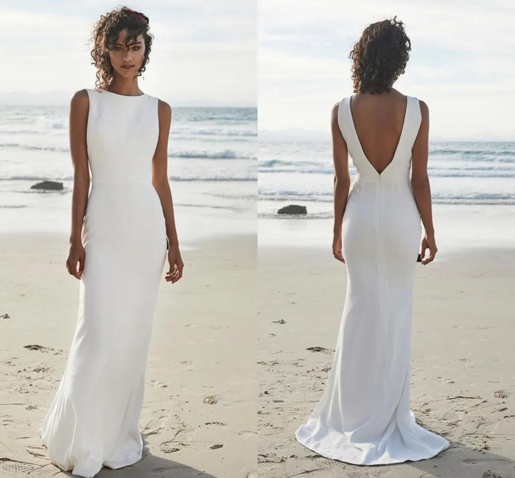 Hot Sale Billiga Beach Bröllopsklänning 2020 Golvlängd Satin Bride Klänningar Vit / Elfenben Romantisk Elegant Boho Bridal Bröllopsklänning