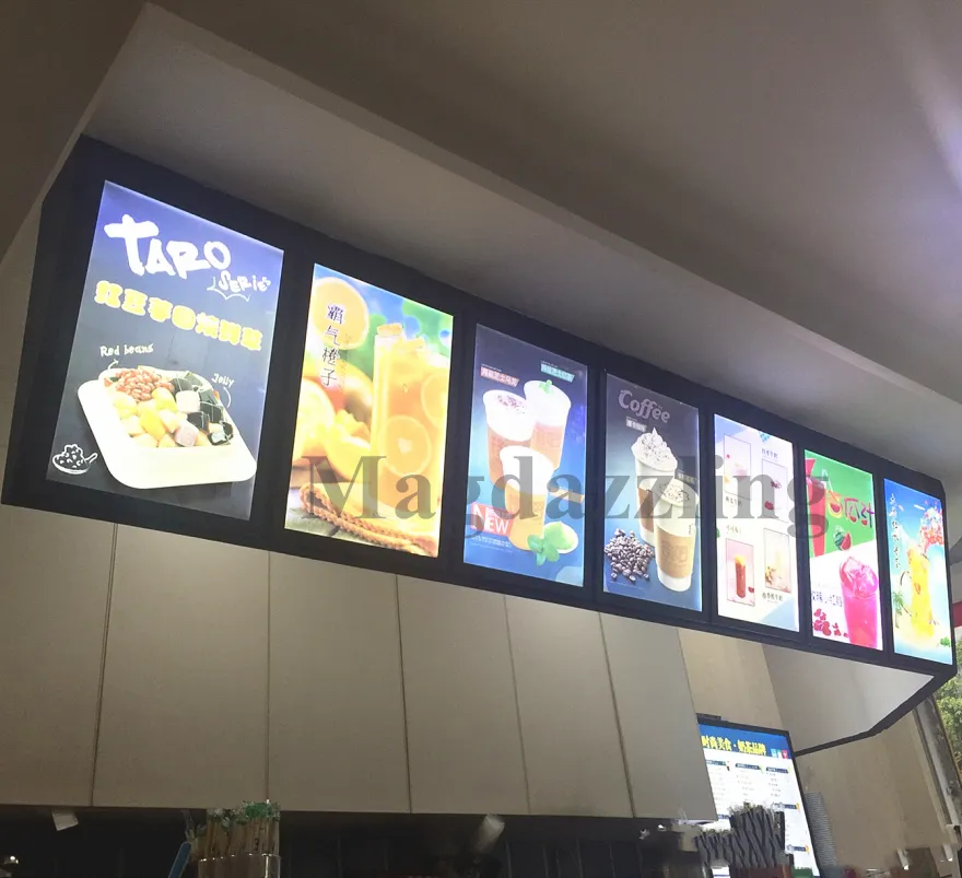 6PCS X A2 Sistemi di visualizzazione del menu del ristorante fast food, spessore 16MM Profilo in alluminio aperto magnetico LED illuminato Menu Light Box