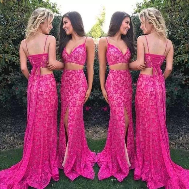 Newest Fuchsia Lace Bridesmaid Dresses Two Piece Mermaid Side Slit Spaghetti Straps Maid of Honor Gown Beach Wedding Party Wear