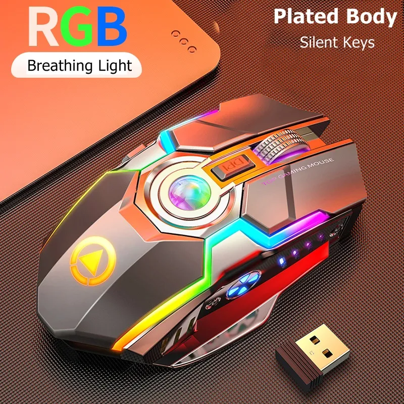 Souris USB RVB rechargeable sans fil 2,4 GHz Esports Souris de jeu rétroéclairée pour ordinateur portable Souris de bureau 7 boutons 3 vitesses Éclairage longue veille Souris silencieuse A5 RVB lumineuse