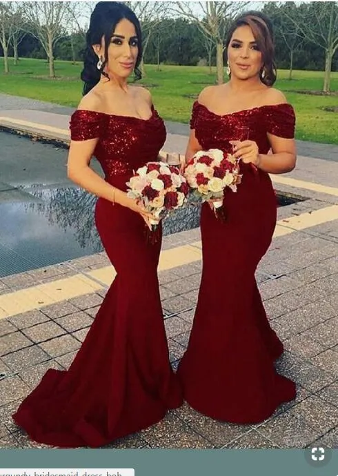 بورجوندي bridemaid فساتين الترتر الرباط حورية البحر قبالة الكتف فستان الزفاف الزوار طويل vestidos دي داما دي الشرف رخيصة فساتين السهرة حزب ثوب